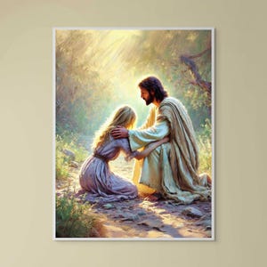 Heilig geloof | Christelijke poster | Jezus en meisje | Jezus downloaden | Jezus en meisje | Bijbelafdrukken | Jezus houdt van je | Afdrukbare kunst Jezus