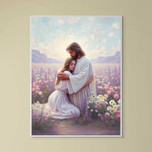 Je redder | Direct downloaden | Jezus met meisje | Christelijke poster | Jezus en vrouw | Bijbelafdrukken | Jezuskunst | Moderne christelijke kunst