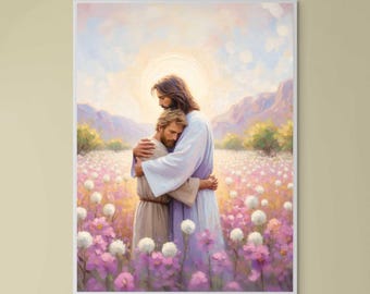 Gesù che abbraccia l'uomo / Arte digitale / Arte di Gesù e dell'uomo / Download cristiano / Download di arte di Gesù / Dipinti LDS / Arte di Gesù / Stampe di Gesù