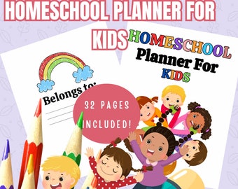 Puede incluir: Un planificador de homeschool para niños imprimible con un arcoíris colorido y nubes en la portada. El planificador incluye 32 páginas y presenta un grupo de niños diversos sonriendo y tomándose de la mano.