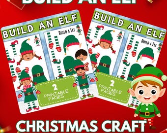 May include: Two printable "Build an Elf" Christmas craft pages with elf illustrations, hats, and accessories. The pages are on a red background with the text "Christmas Craft" and "Instant Download!"