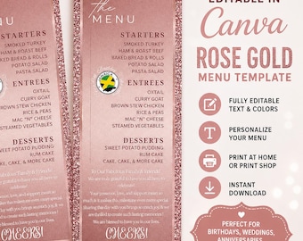 Edytowalny szablon menu w kolorze różowego złota | Canva Urodziny Ślub do druku (natychmiastowe pobranie)