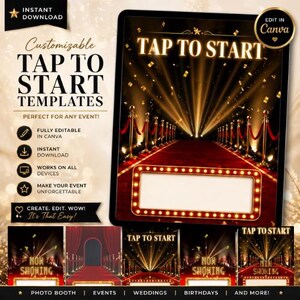 May include: A digital template with a red carpet design, featuring the text "TAP TO START" in gold. The template is customizable and suitable for events, weddings, and birthdays. Includes the text "INSTANT DOWNLOAD" and "EDIT IN CANVA".