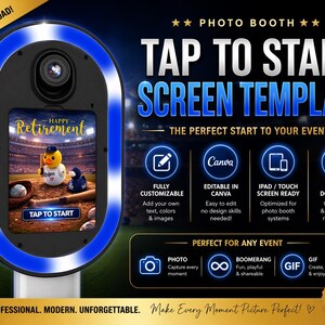 Puede incluir: Plantilla de pantalla de fotomatón con el texto "TAP TO START SCREEN TEMPLATE". La pantalla muestra "Happy Retirement" con gráficos temáticos de béisbol. Incluye personalización, edición de Canva, compatibilidad con iPad y descarga instantánea.