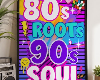 Retro plakat neonowy z lat 80. i 90.: Sztuka ścienna na imprezę w stylu retro (do pobrania cyfrowego)