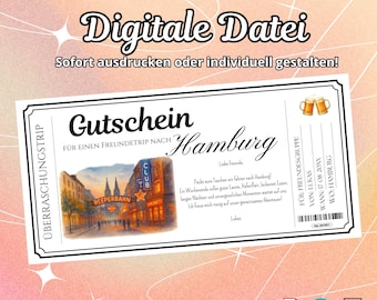 Reisegutschein Hamburg | Gutschein Vorlage zum Ausdrucken | Geschenkidee Geburtstag | Last-Minute Geschenk | PDF oder Canva | Sofort printen