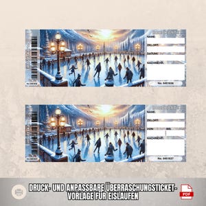 May include: Printable ice skating ticket template featuring a winter scene of people ice skating on a frozen lake. The ticket has spaces for the name, destination, date, and message. The template is available in PDF format.