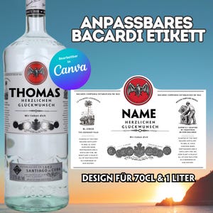 Personalisierte Bacardi rum etiket für einzigartige Geschenke einfaches Design mit Canva und digitaler Download