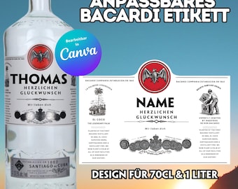 Spersonalizowana etykieta na rum Bacardi na wyjątkowe prezenty, prosta konstrukcja w serwisie Canva i pobieranie cyfrowe