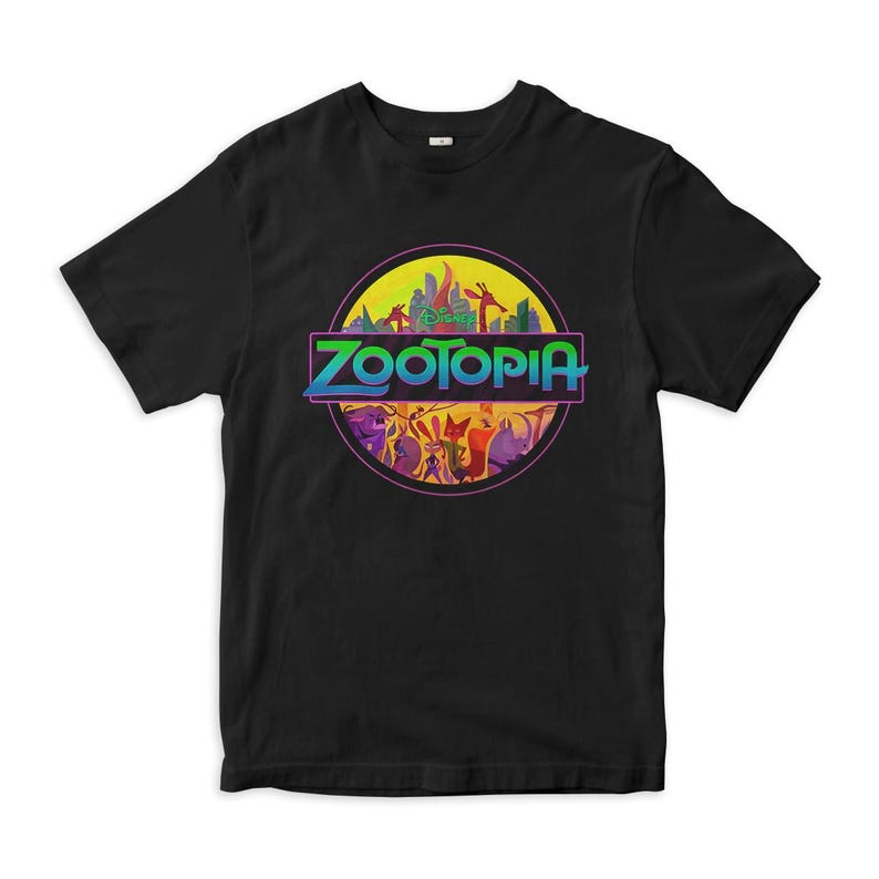 May include: Black t-shirt with a colorful graphic of a dinosaur silhouette with the text "Zootopia" inside. The graphic features various animals from the movie Zootopia.