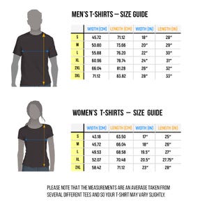 May include: Size chart for t-shirts, showing width and length measurements in inches and centimeters for both men's and women's sizes. The chart includes sizes S, M, L, XL, 2XL, and 3XL.