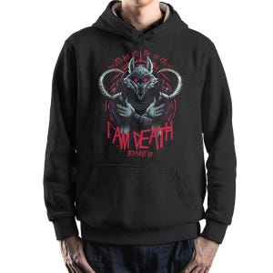 May include: Black hooded sweatshirt with a graphic of a wolf with red eyes and the text "I AM DEATH STRAIGHT UP" in red. The wolf is surrounded by a red circular design.