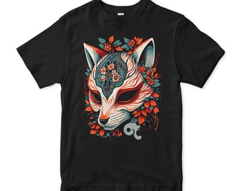 May include: Black t-shirt with a graphic print of a stylized fox mask with floral details in shades of red, orange, and blue.