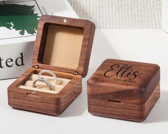 Gepersonaliseerde houten trouwringdoos, gepersonaliseerde gegraveerde verlovingsringdoos, vierkante ringdrager, verlovingsringdoos, ringdoos ringdrager