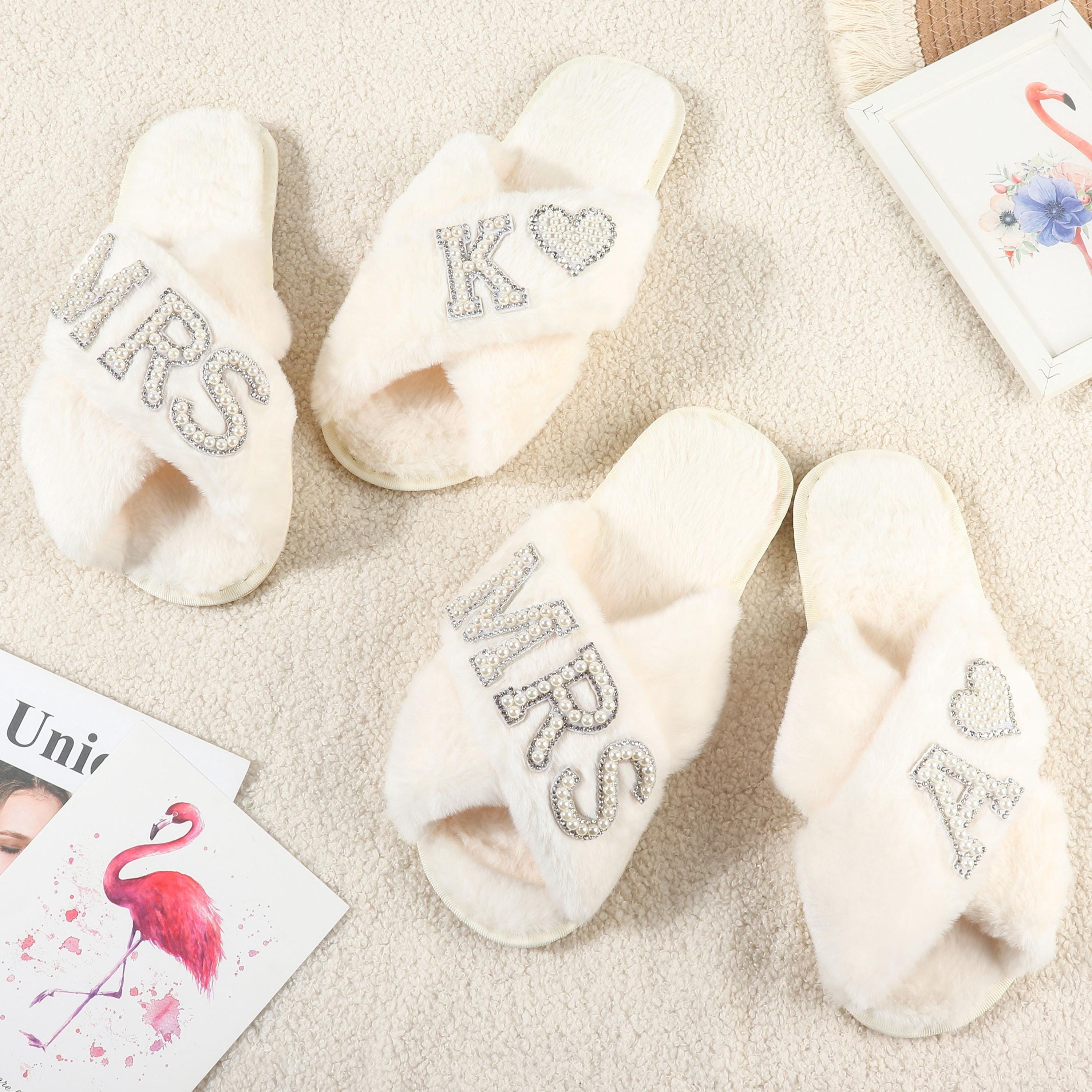 Custom Fluffy Slippers,bridal Mrs Wedding Slippers,custom Bride