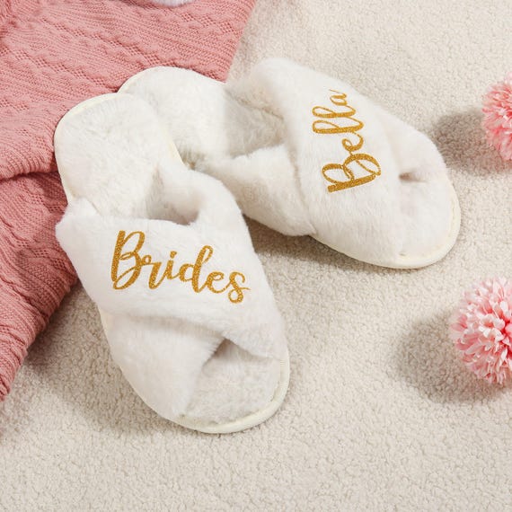 Custom Bride Slippers, Fluffy Bridesmaid Slippers, Bride Slipper