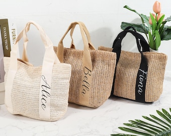 Sacs de plage personnalisés, Sacs de paille tissés personnalisés, Sacs de douche pour mariage, Cadeaux de mariage pour demoiselle d'honneur, Sacs de plage tissés avec nom