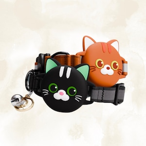パーソナライズされた猫用首輪エアタグホルダー、猫用調節可能反射安全ブレイクアウェイ首輪、オレンジ＆ブラック首輪