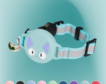 May include: A light blue cat-shaped pet collar with a reflective strip and a black buckle. The collar has a removable charm with a crescent moon and star design. The image shows a variety of color options for the cat-shaped charm, including pink, green, blue, purple, and red.