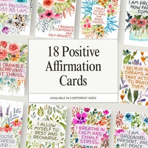 May include: A collection of 18 positive affirmation cards with floral watercolor designs. Each card features a unique affirmation in a handwritten font, such as "I am enough, just as I am." The cards are available in two sizes.