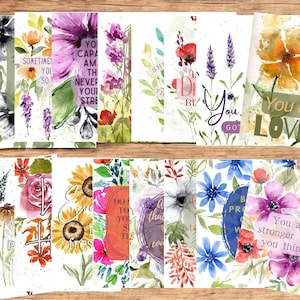 May include: Set of 16 watercolor floral cards with inspirational quotes. The cards feature various flowers, including sunflowers, roses, and lavender, with a white background. The quotes include "You are loved", "You are stronger than you think", "Sometimes you just need to go", and "Do something today that your future self will thank you for."
