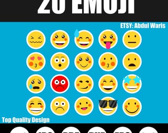 May include: A blue background with 20 emoji faces in yellow circles, each with a different expression. The text "20 EMOJI" is at the top, with "Top Quality Design" at the bottom. File type icons are also present.