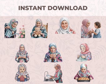10 Muslim Grandma Clipart Images | Kawaii Watercolor Grandmother Illustrations | Elderly Grandma Art Bundle