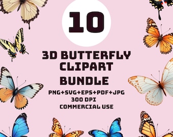 May include: A digital art bundle showcasing ten 3D butterfly cliparts in diverse colours, such as blue, orange, and yellow. The image includes the text "10 3D BUTTERFLY CLIPART BUNDLE" and file format details.