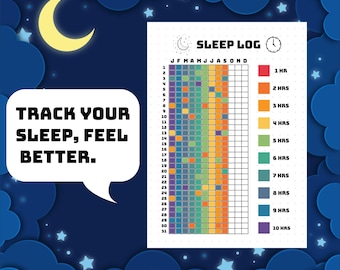 May include: A sleep log chart with a colorful grid for tracking sleep hours. The chart includes the text "Sleep Log" and "Track Your Sleep, Feel Better." The background is a dark blue with a crescent moon, clouds, and stars.