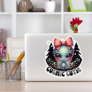 Cute Alien Vinyl Sticker, Kawaii Galaxy Extraterrestrial Decal, Pastel Space Girl Kiss Cut Sticker, Laptop Water Bottle Planner Decor