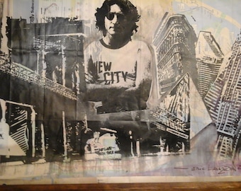 John Lennon silkscreen on NYC Subway Map- Recycle Map - Music Icon