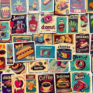 Pack Of 50 Retro Food Poster Stickers, Retro Poster Sticker Pack, Waterproof Sticker Bundle, Die Cut Stickers, Retro Food Sticker Pack