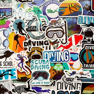 Pack Of 55 Diving Stickers, Diving Sticker Pack, Waterproof Sticker Bundle, Die Cut Stickers, Scuba Diving Stickers, Diving Sticker Pack