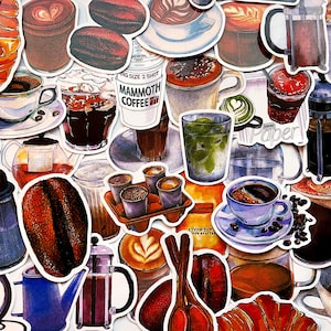 Pack Of 50 Coffee Stickers, Coffee Sticker Pack, Waterproof Sticker Bundle, Die Cut Stickers, Food Sticker Pack, Vintage Coffee Stickers