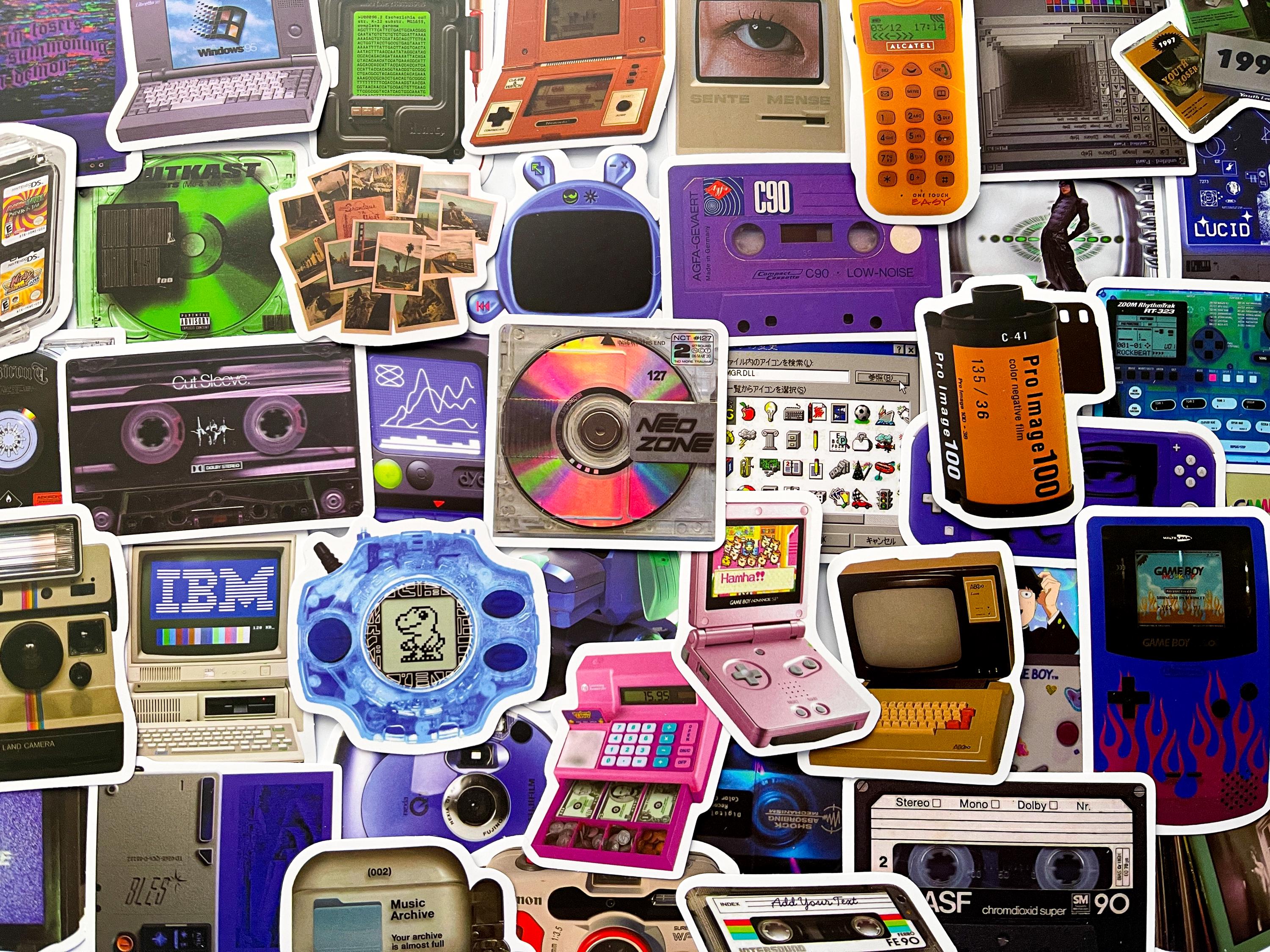 Pack Of 50 Retro 90s Tech Stickers, Retro Sticker Pack, Waterproof Sticker Bundle, Die Cut Stickers, Skateboard Stickers, 90s Sticker Pack