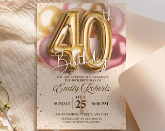 40. Rose Gold Ballon Geburtstagseinladung Canva Vorlage | Vierzigster Geburtstag | Bearbeitbare Telefoneinladung | Sofort Download