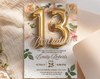 Faire-part 13e anniversaire floral rose : modèle de fête pour adolescents modifiable (toile)