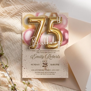 Rose Gold 75th Birthday Invitation: Elegant Balloon Party (Digital Download, 5x7in Template)