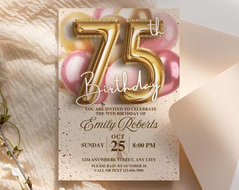 Roségoldene Einladung zum 75. Geburtstag: Elegante Ballonparty (Digital Download, 13 x 18,5 cm)