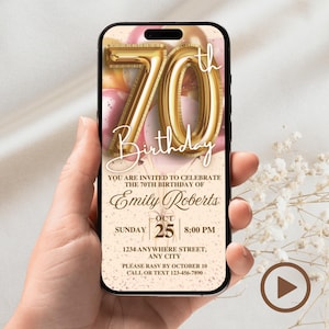 Digital Seventy 70th Birthday video Invitation, animated invite, 70th editable invitation party, Rose Gold Balloons Invitation