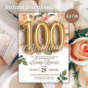 100th Birthday Rose Floral Invitation | Elegant Rose Flower 100th Birthday Party Invite for Grandma | Fabulous 100th Celebration Template