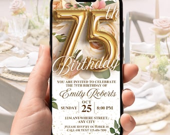 75th Birthday Rose Floral Invitation Animated Blush Flower Party Evite Editable 75th Senior Celebration Digital sms Invite for Her Canva