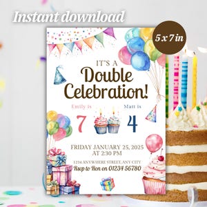 Joint Birthday Invitation: Watercolor Sibling Party Template (Digital Download)