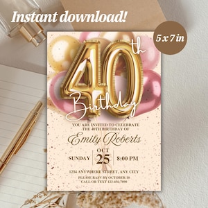 40th birthday invite, 40th Birthday women, gold invite, fortieth bday, birthday invitation, instant download, editable template, canva