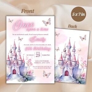 Princess Party Invitation Template Once Upon a Time Castle Invite, Pink & Gold Editable Princess Birthday Printable, Editable canva template