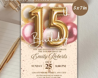 Pink & Gold 15th Birthday Invitation Template: Editable Balloon Design (Digital Download)