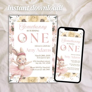 Somebunny Is One Birthday Invitation | Bunny 1st Birthday Party Invite | Pink Floral Rabbit First Birthday Card | Editable Canva Template
