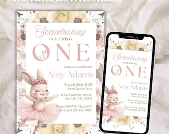 Somebunny Is One Birthday Invitation: Pink Floral Bunny (Editable Canva Template)