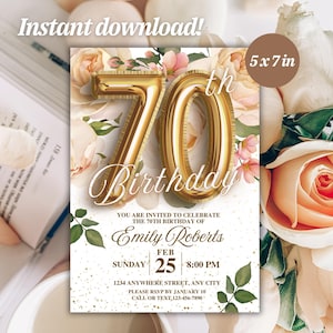 Elegante roos bloemen 70e verjaardagsuitnodiging | Uitnodiging verjaardagsfeestje zeventig voor vrouwen | Roségouden uitnodiging 70e verjaardag | Direct downloaden