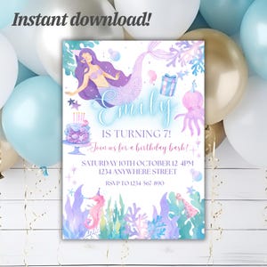 Pastel zeemeermin verjaardagsuitnodiging zee thema bewerkbare canvassjabloon | Onder de zee-verjaardagsuitnodiging voor meisjes | Digitale zeemeerminfeestkaart